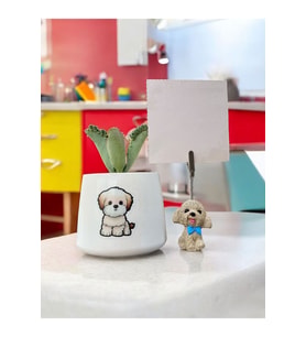 Mavi papyonlu köpek Not tutucu ve saksı Kalemlik seti hediyelik ofis seti