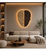 Led Işıklı Bohem İkili Ahşap Duvar Mask 3D Tasarım 80x50 cm, Ev, Ofis,Kafe Duvar Dekorasyonu