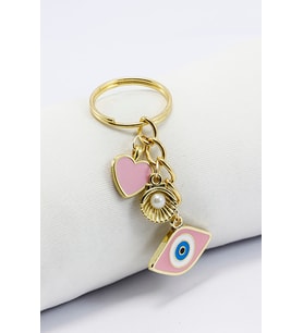 Pembe Nazar Boncuğu Gold Pembe Metal Kalp Küçük Anahtarlık, Minik Çanta Süsü