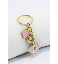 Pembe Nazar Boncuğu Gold Pembe Metal Kalp Küçük Anahtarlık, Minik Çanta Süsü