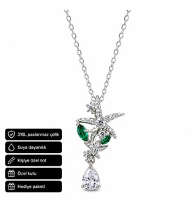 Yeşil Taşlı Butterfly Kolye 316L Paslanmaz Çelik Hediye Kadın Kolye