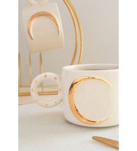 Perla Art El Yapımı Hilal ve Ay Figürlü 24K Altın Dekorlu Seramik Mug 200ml hilal-mug