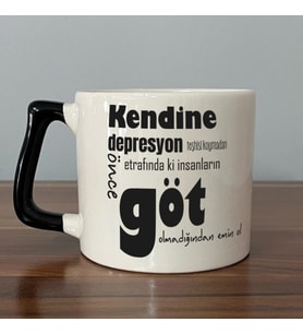 Kendine Depresyon Teşhisi Koymadan Önce Baskılı Siyah Kulplu D Kupa