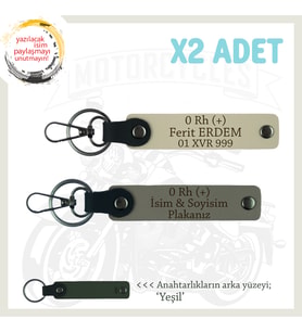 Motor Severlere Özel, İsim Plaka ve 0 Rh (+) Kan Grubu Yazılı x2 Anahtarlık Set, Kül Gri-S Kahve-Ysl