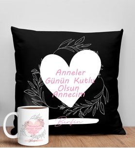 BK Gift Kişiye Özel İsimli Anneler Günü Tasarımlı Siyah Kırlent Yastık ve Kupa Seti, Anneye Hediye, Ev Dekorasyonu, Anneler Günü Hediyesi-2