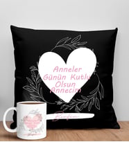 BK Gift Kişiye Özel İsimli Anneler Günü Tasarımlı Siyah Kırlent Yastık ve Kupa Seti, Anneye Hediye, Ev Dekorasyonu, Anneler Günü Hediyesi-2