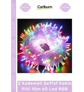 #LedIşık Dekoratif Yılbaşı Aydınlatma Renkli Işık 2 Kademeli Şeffaf Kablo Pilli 10m 60 Led RGB