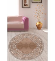 Osmanlı Ayna Desenli Dijital Baskılı Yıkanabilir Kaymaz Taban Yuvarlak Salon Hol Halısı (Kahve) (Kahverengi)