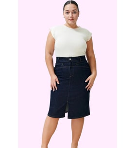 Kadın Kalem Denim Midi Etek Yüksek Bel Cepsiz Kemersiz Günlük Şık Yaz Aylarının Vazgeçilmezi (Koyu Mavi)