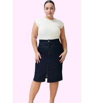 Kadın Kalem Denim Midi Etek Yüksek Bel Cepsiz Kemersiz Günlük Şık Yaz Aylarının Vazgeçilmezi (Koyu Mavi)