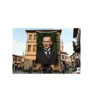 Sivil Takım Elbiseli Gazi Mustafa Kemal Atatürk Portre Poster Bayrak Premium Raşel Kumaş ATA64
