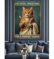 Diş Fırçalayan Kedi Retro İllüstrasyon Dekoratif Kanvas - Mdf Ahşap Tablo