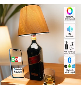 BLUETOOTH ÖZELİKLİ - 12 RENK IŞIKLI (KUMANDALI) RED LABEL ŞİŞE ABAJUR