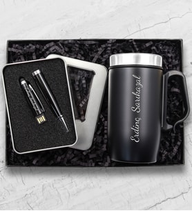 Kişiye Özel 280 ML Kulplu Siyah Çelik Termos & 32 gb Usb Siyah Touch Kalem Hediye Seti