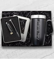 Kişiye Özel 280 ML Kulplu Siyah Çelik Termos & 32 gb Usb Siyah Touch Kalem Hediye Seti