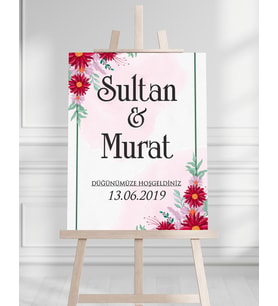 Söz Nişan Düğün İçin 50x70 Karşılama Panosu - Kırmızı Çiçek Desenli