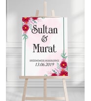 Söz Nişan Düğün İçin 50x70 Karşılama Panosu - Kırmızı Çiçek Desenli
