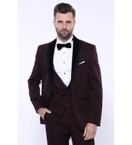 Desenli Bordo Velvet Çıkma Yaka Takım Elbise - Wessi