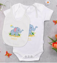 BK Kids Kişiye Özel İsimli Bebek Body Zıbın ve Mama Önlüğü Hediye Seti - Model 19