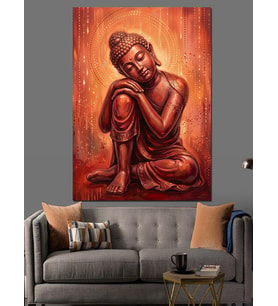 Meditasyon Yapan Kırmızı Buddha Heykeli Dekoratif Kanvas - Mdf Ahşap Tablo