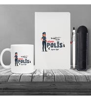Kişiye Özel Bayan Polis Temalı Beyaz Defter & Metal Beyaz Tükenmez Kalem ve Kupa Seti