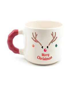 Merry Christmas Geyik Baskılı Kırmızı Kulplu Boncuk Yılbaşı Kupası