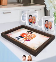 BK Gift Kişiye Özel Sevgililer Karikatürlü Doğal Ahşap Tepsi ve 2’li Kupa Bardak Seti-54