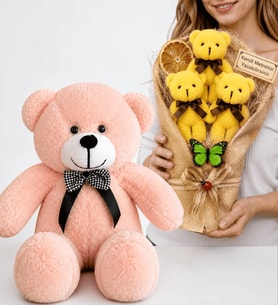 Kişiye Özel Yazılı Sarı Büyük Boy Peluş Ayıcık Buketi ve 50 cm Pembe Peluş Ayıcık Hediye Seti