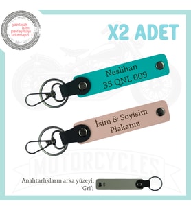 Retro Motorculara Özel, İsim Ve Plaka Yazılı Hediyelik x2 Kişisel Anahtarlık, Yavruağzı-K Turkuaz-Gr