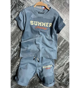 Erkek Çocuk Summer Yazı Baskılı  Cep ve İp Detaylı Mavi Şortlu Takım