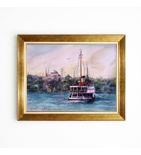 Tablore İstanbul Manzaralı Yağlı Boya Dokulu Tablo Eminönü Vapur Ve Tarihi Yarımada Çerçeveli Duvar Dekoru