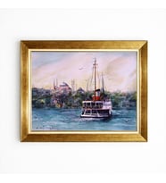 Tablore İstanbul Manzaralı Yağlı Boya Dokulu Tablo Eminönü Vapur Ve Tarihi Yarımada Çerçeveli Duvar Dekoru