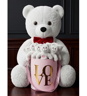 Kız Arkadaşa Romantik Sürpriz Pembe Love Kutulu 15'li Ayıcık ve Papyonlu 55cm Beyaz Ayı