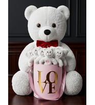 Kız Arkadaşa Romantik Sürpriz Pembe Love Kutulu 15'li Ayıcık ve Papyonlu 55cm Beyaz Ayı