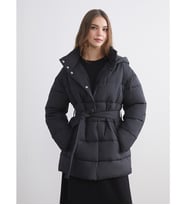LCW Modest Siyah Kapüşonlu Beli Kuşaklı Kadın Şişme Mont