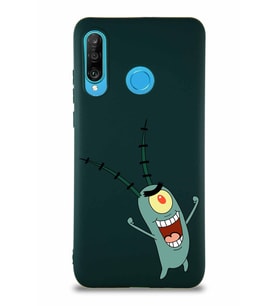 Huawei P30 Lite Soft Premier Kapak Plankton Tasarımlı Silikon Kılıf - Yeşil (Şeffaf)