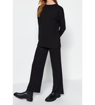 Tarz Kadın Modern Moda Normal Bel Geniş Paça Bisiklet Yaka Basic Triko Alt-Üst Takım