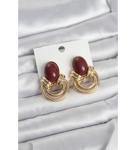 Pirinç Gold Renk Bordo Taşlı Vintage Kadın Küpe - TJ-BKP11679