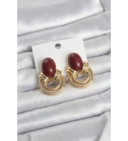 Pirinç Gold Renk Bordo Taşlı Vintage Kadın Küpe - TJ-BKP11679