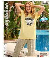 Aydoğan Homewear -good vibes only- Yazılı Sarı Viskos Yazlık Pijama Takımı-240035