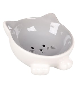 Flamingo Puzi Kedi Kulaklı Desenli Seramik Mama Ve Su Kabı Gri-125Ml