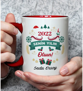 Yeni Yıl ,Yılbaşı  Hediyelik   Baş Harfli   Kırmızı Saplı Sublimasyon Baskılı Kupa  (Beyaz)