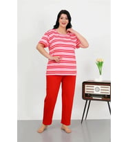 Giyim Kadın Büyük Beden Kısa Kol Penye Pijama Takımı Kırmızı
