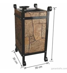 Garanti Metal 2105 Taş Dekorlu Kül Tablalı Kare Ahşap Bahçe Tipi Çöp Kovası (45 Litre)