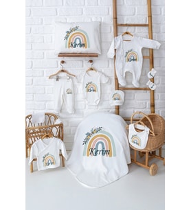Pia Baby Premium Lüks 11’li İsim Baskılı Yenidoğan Erkek Bebek Hediyesi Set 5074-00 (Ekru)