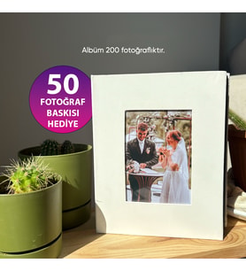 200 Fotoğraf Kapasiteli Albüm + 50 Fotoğraf Baskısı - Kapak Fotoğrafı 10x15 cm (Beyaz)
