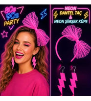 Neon Pembe Dantel Taç ve Şimşek Küpe 80&amp;#39;ler 90&amp;#39;lar Parti Seti