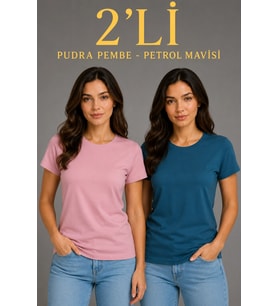 Kadın Basic Bisiklet Yaka Yazlık Slim fit T-Shirt - Pudra Pembe & Petrol Mavi