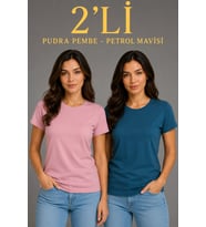 Kadın Basic Bisiklet Yaka Yazlık Slim fit T-Shirt - Pudra Pembe & Petrol Mavi