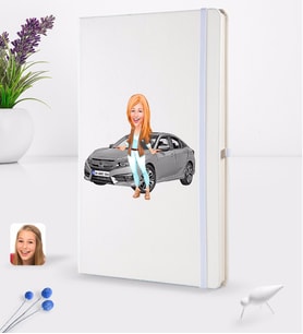 BK Gift Kişiye Özel Plakalı Kadın Honda Civic Karikatürlü Beyaz Termo Deri Defter 16x24cm Model 1